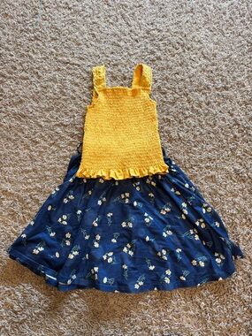 Sunshine Yellow Smocked Tank & Navy Floral Skirt Girls Dress Set